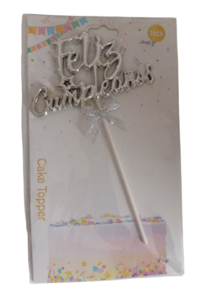 Imagen de Topper feliz cumpleaños plateado