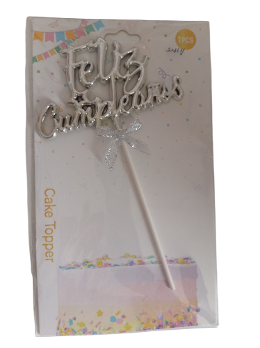 Imagen de Topper feliz cumpleaños plateado